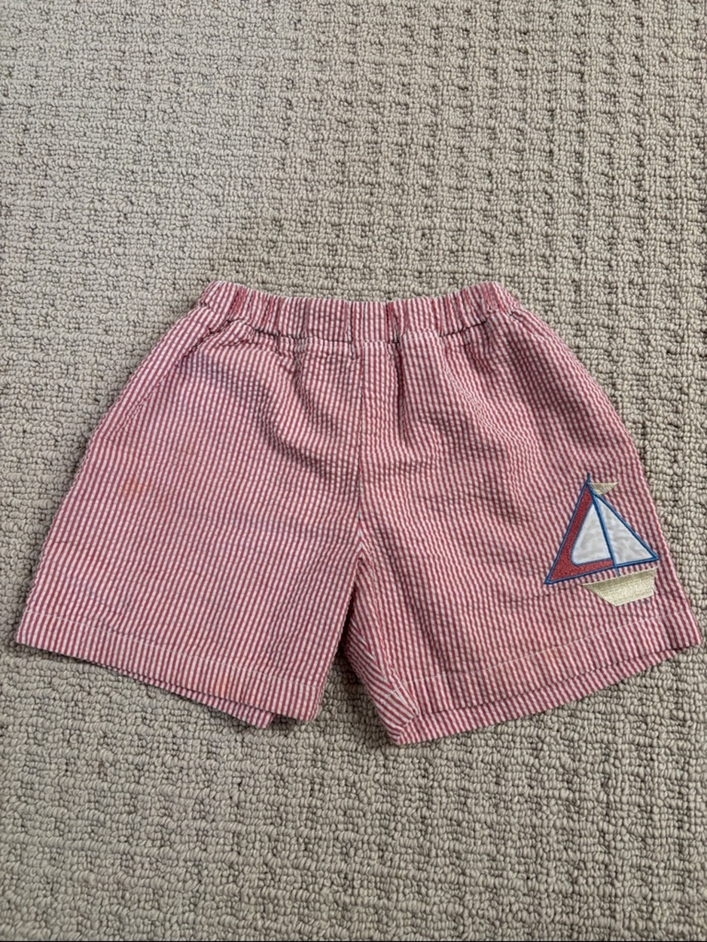 The Beaufort Bonnet Company Red and White Striped Shorts Sailboat embroidery